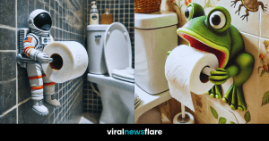 Collection of creative toilet roll holders including astronaut, pirate, frog, monkey, and dog designs in bathrooms.