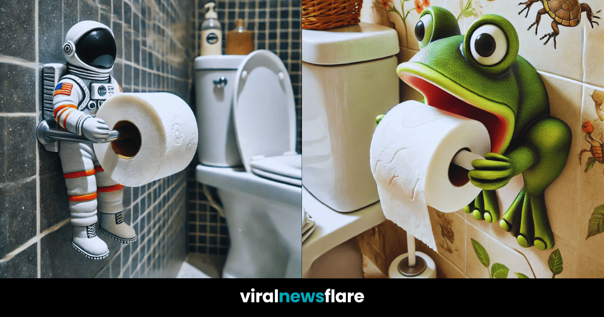 Collection of creative toilet roll holders including astronaut, pirate, frog, monkey, and dog designs in bathrooms.
