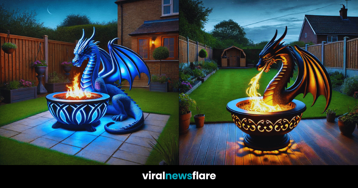Collection of dragon fire pits including green, black, white, and blue dragons in gardens.