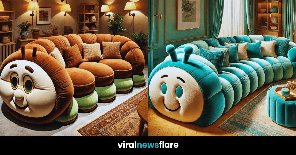 Collection of caterpillar sofas including pink, teal, brown, and blue designs in various living rooms.