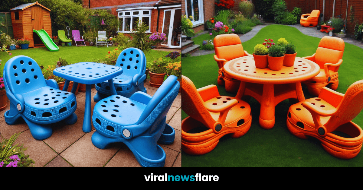Collection of Croc-inspired garden furniture sets in various vibrant colours.