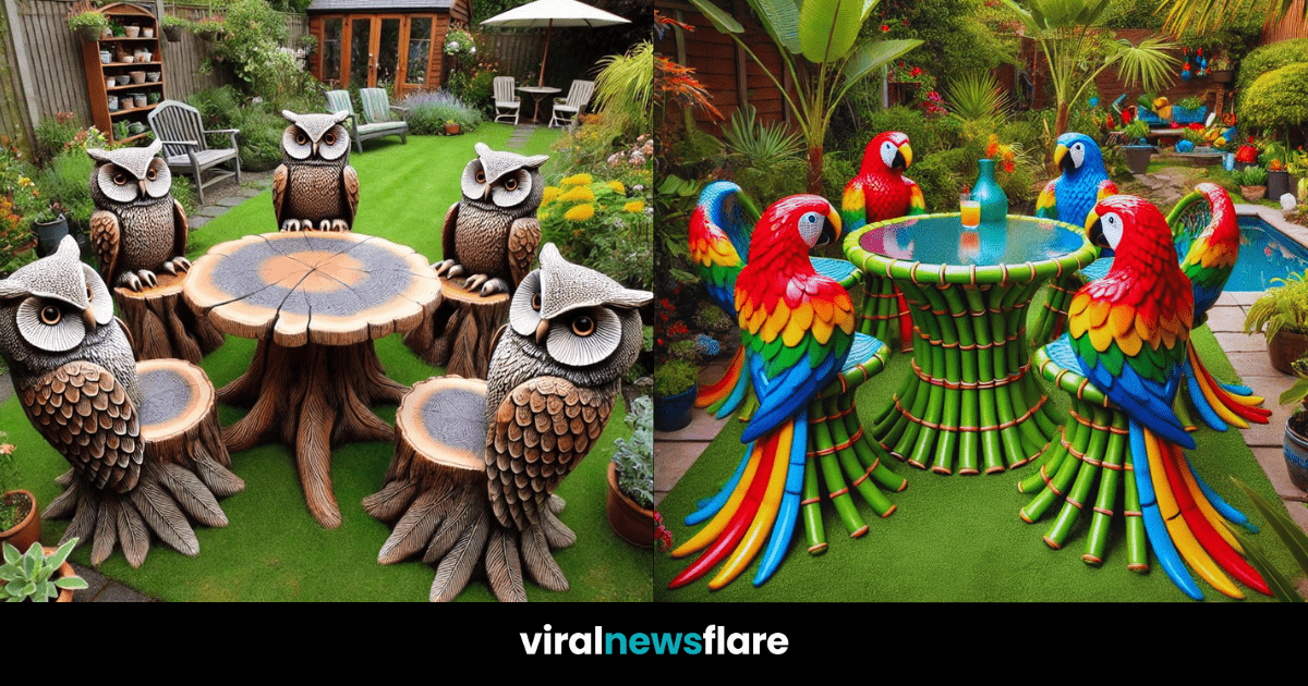 Collection of animal-themed garden furniture sets including panda, bat, parrot, and owl designs in various garden settings.