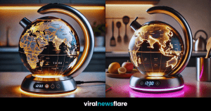 Collection of globe-inspired electric kettles in various colours including blue, purple, gold, and pink in modern kitchens.