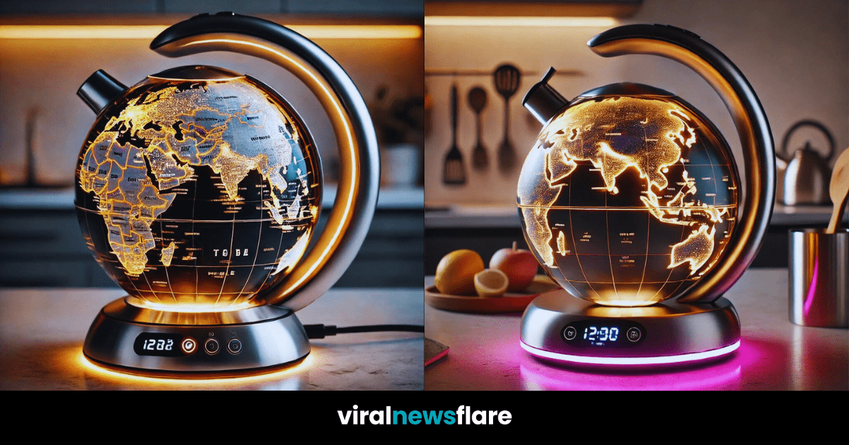 Collection of globe-inspired electric kettles in various colours including blue, purple, gold, and pink in modern kitchens.