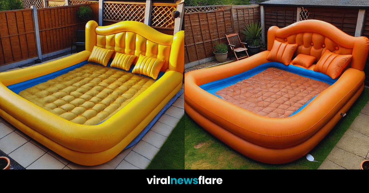 Four colorful inflatable pool beds in various garden settings, showcasing pink, yellow, green, and orange designs.