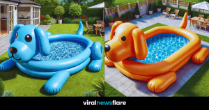 A variety of inflatable dog-shaped pools in different colours set up in gardens, showcasing blue, yellow, and orange designs.
