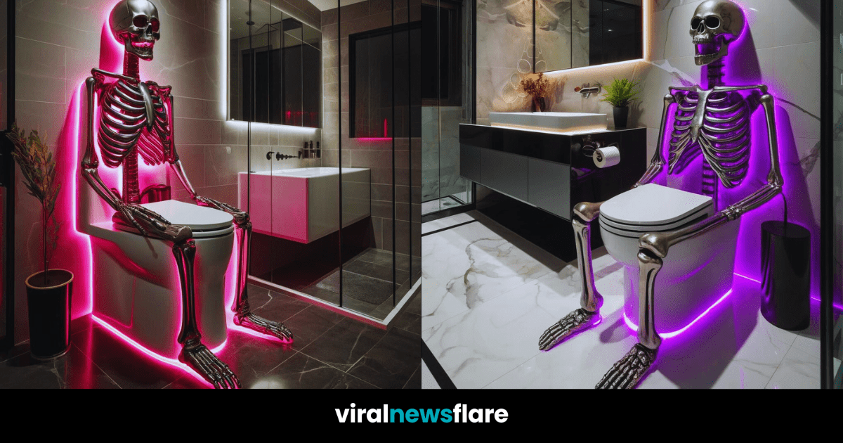 A striking bathroom design featuring a skeleton-themed toilet with vibrant LED lighting, highlighting a unique and whimsical fixture against modern decor.