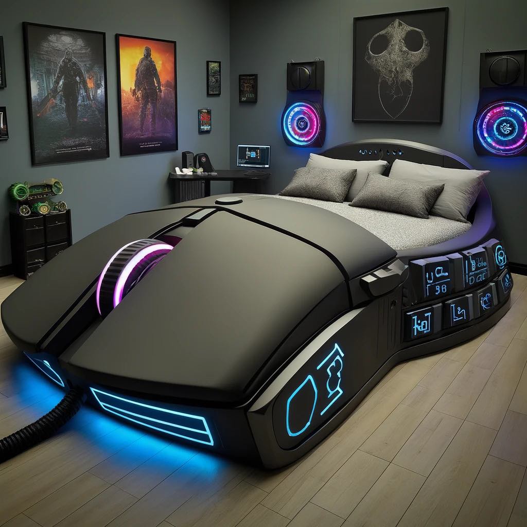 Black gaming mouse-shaped bed with neon LED accents in a futuristic bedroom.