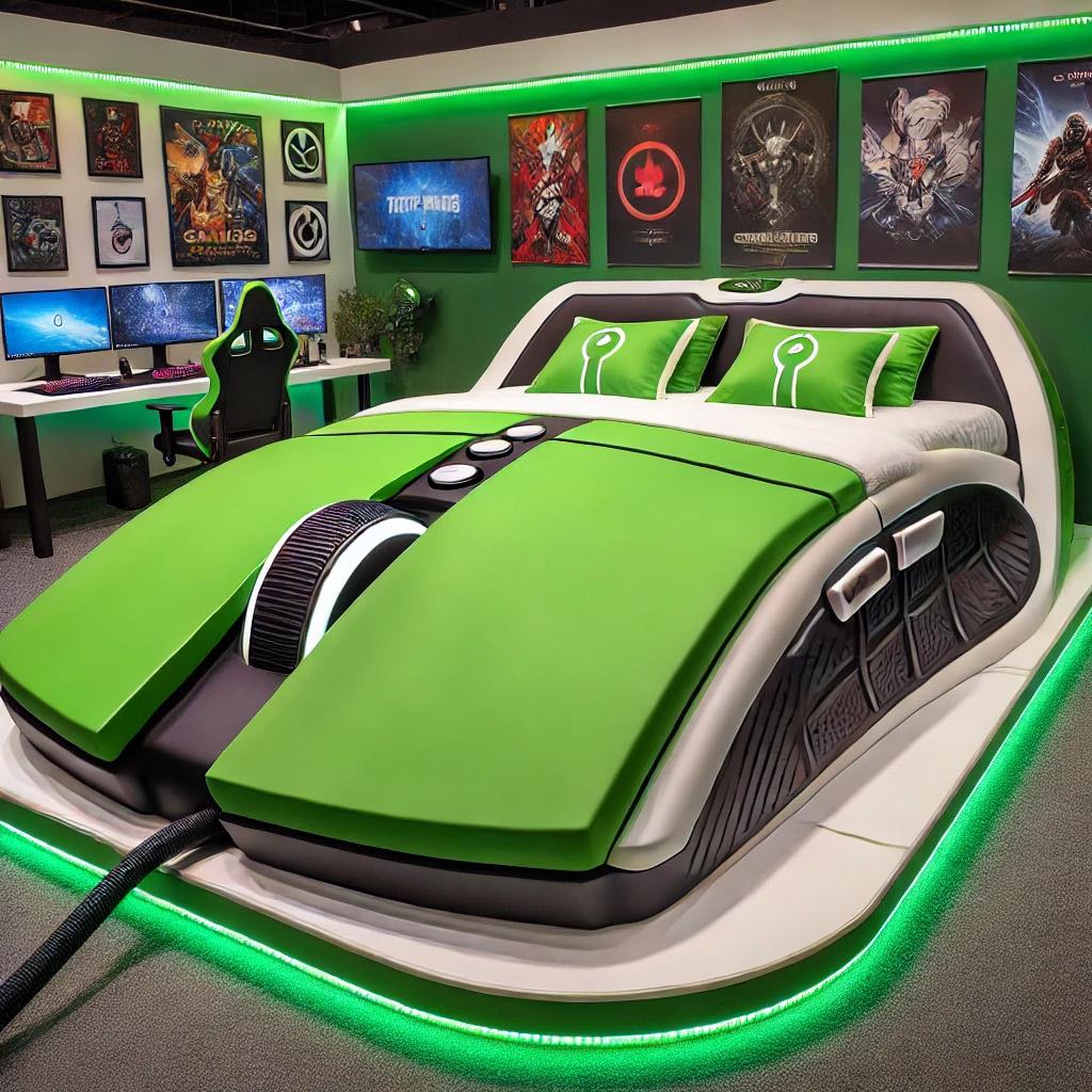 Green gaming mouse-shaped bed with matching LED lighting in a vibrant bedroom.
