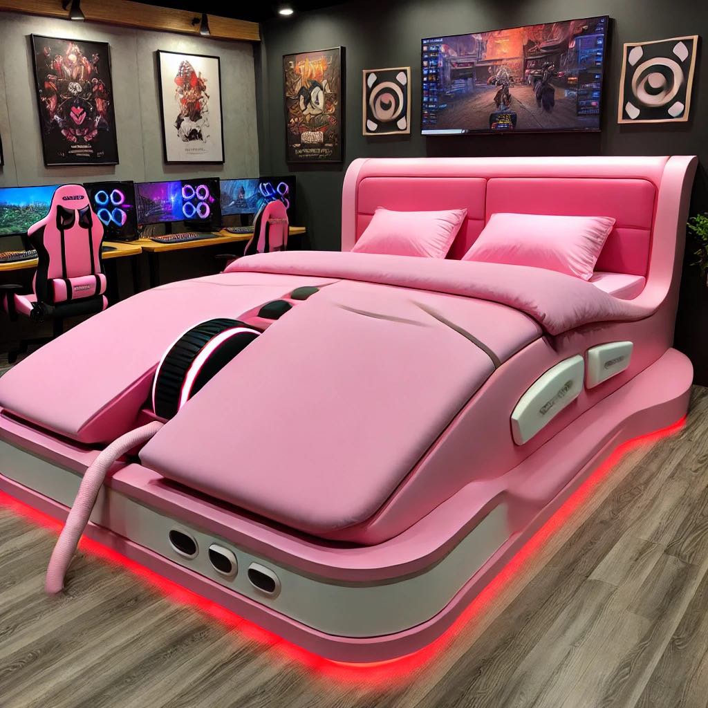 Pink gaming mouse-shaped bed with soft LED lighting in a playful bedroom.