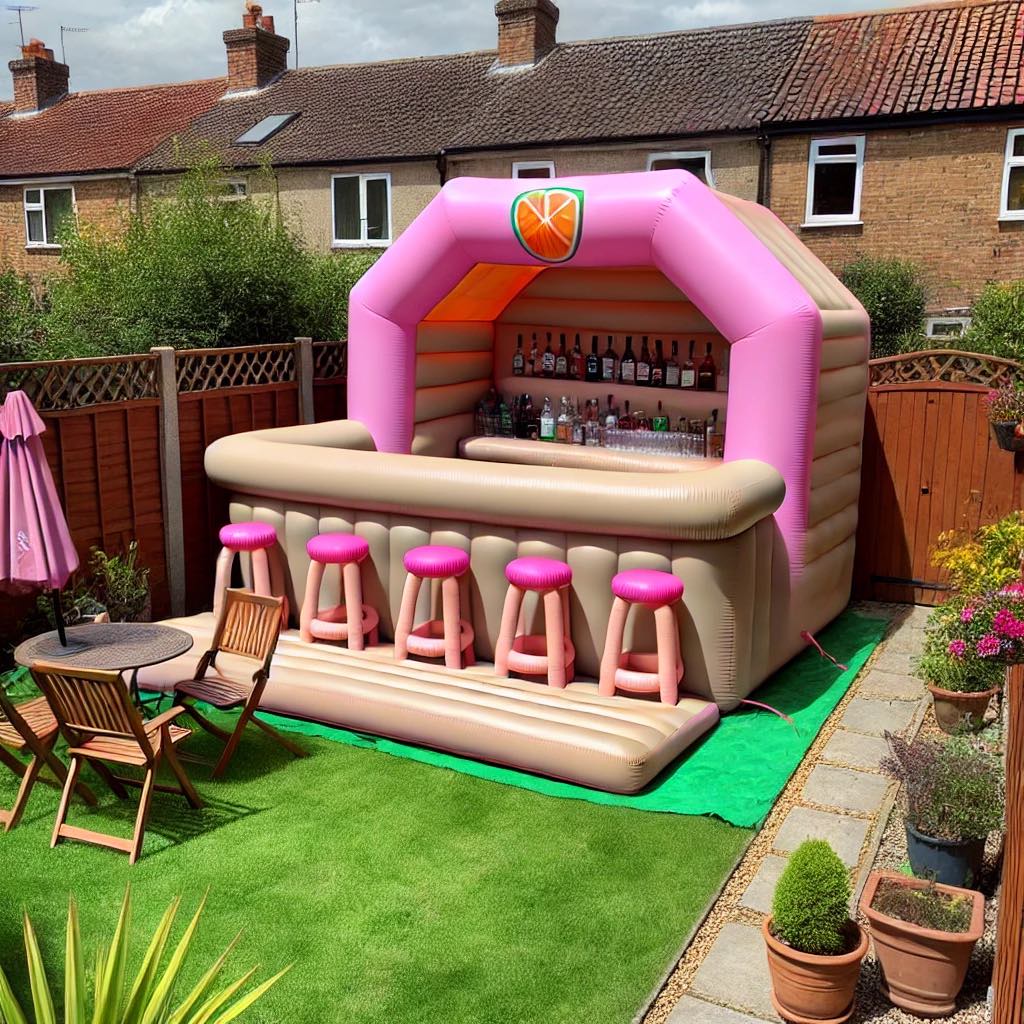 Inflatable bar setups in various colours and designs for backyard parties.