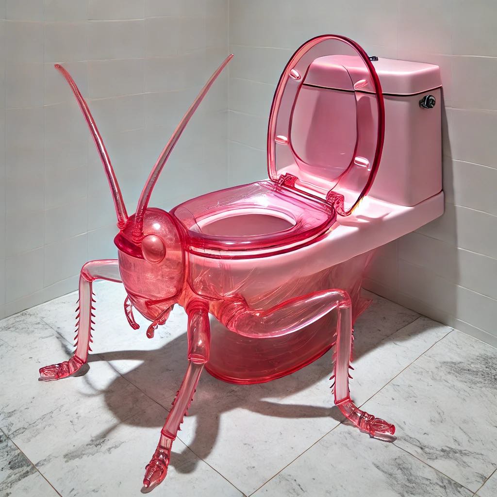 Pink grasshopper-themed toilet with intricate detailing in a modern bathroom.