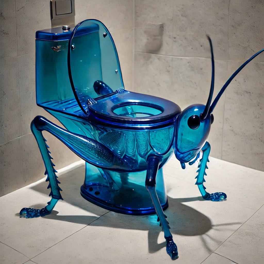 Blue grasshopper-themed toilet with calming effect in a relaxing bathroom.