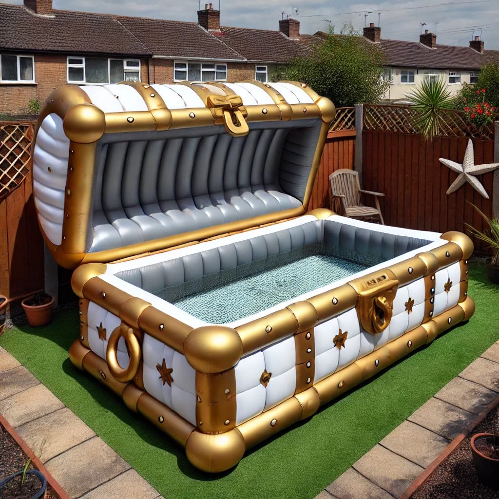 An inflatable pool styled like a luxurious treasure chest, featuring golden accents and a tufted interior.