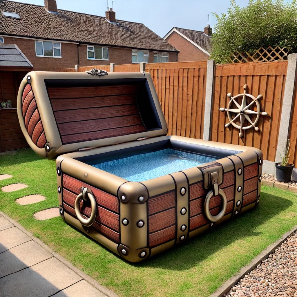 A pirate-themed inflatable pool designed to look like a weathered wooden chest with sturdy metal accents.

