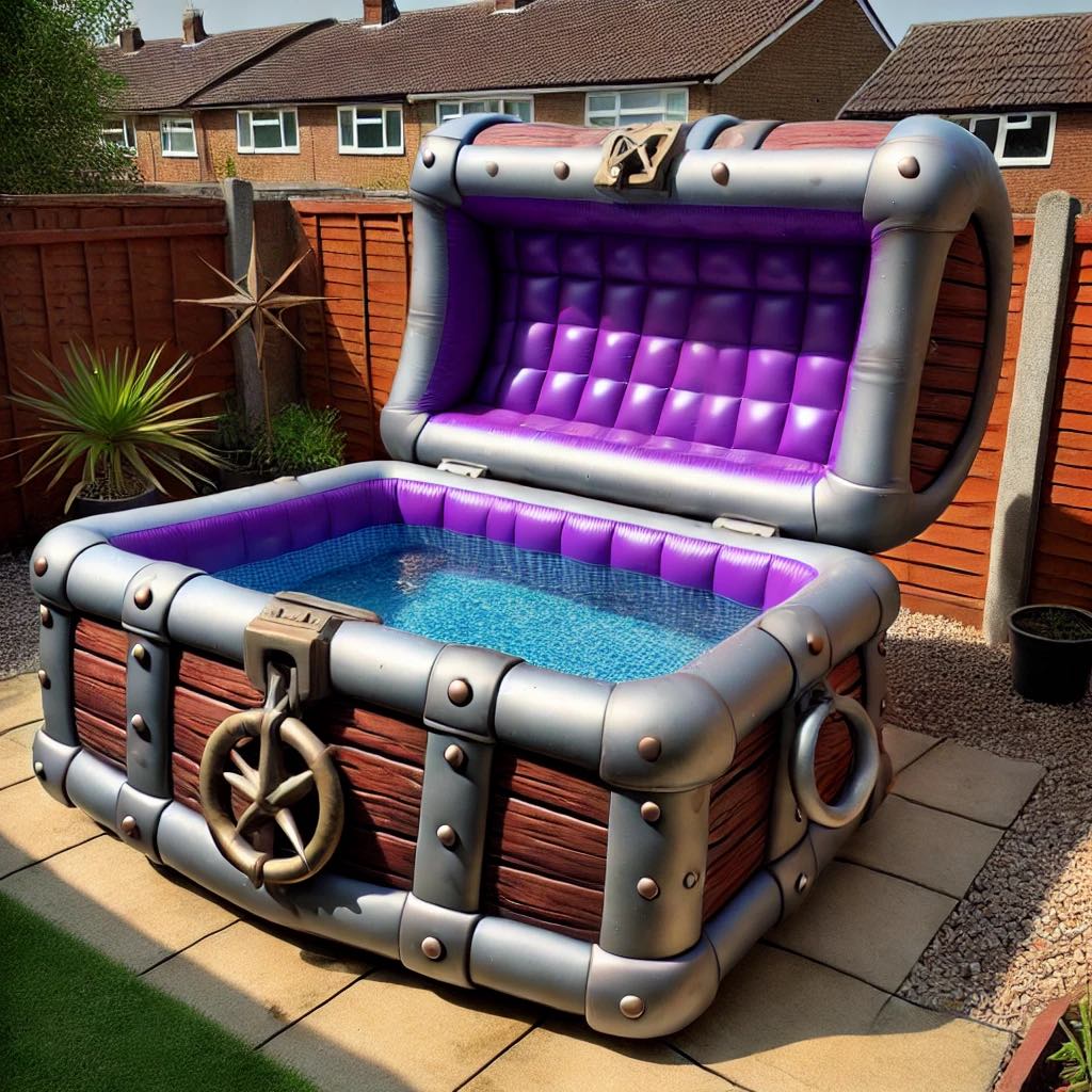 An inflatable pool with a vibrant purple interior, styled like a royal treasure chest.