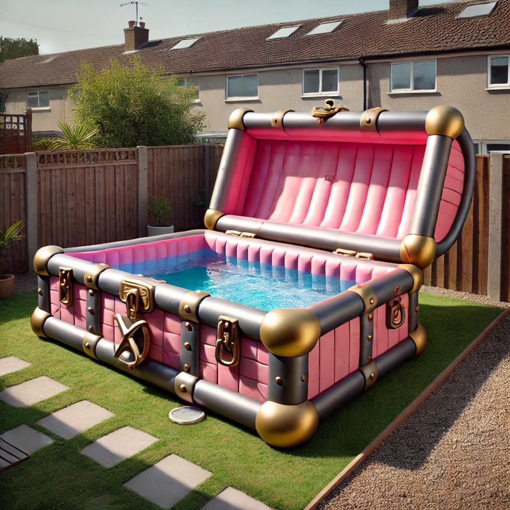 A playful inflatable pool designed to resemble a treasure chest, featuring bright pink and gold colours.