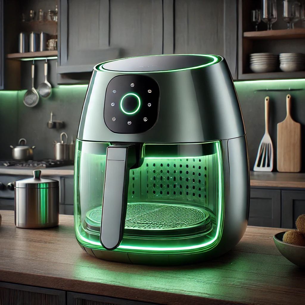 A sleek air fryer with green LED lighting, featuring a touch interface and modern design.