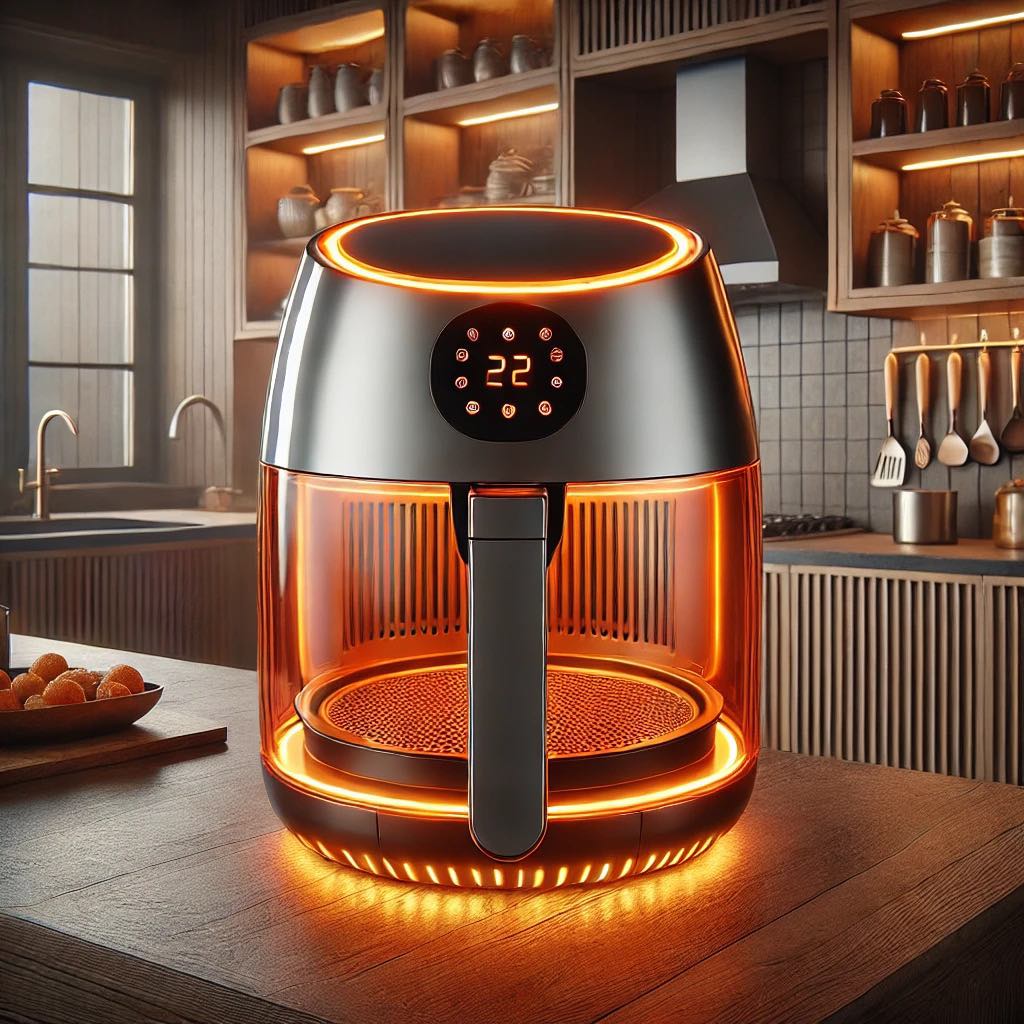 An air fryer with orange LED lighting, offering a digital display and precise temperature controls.