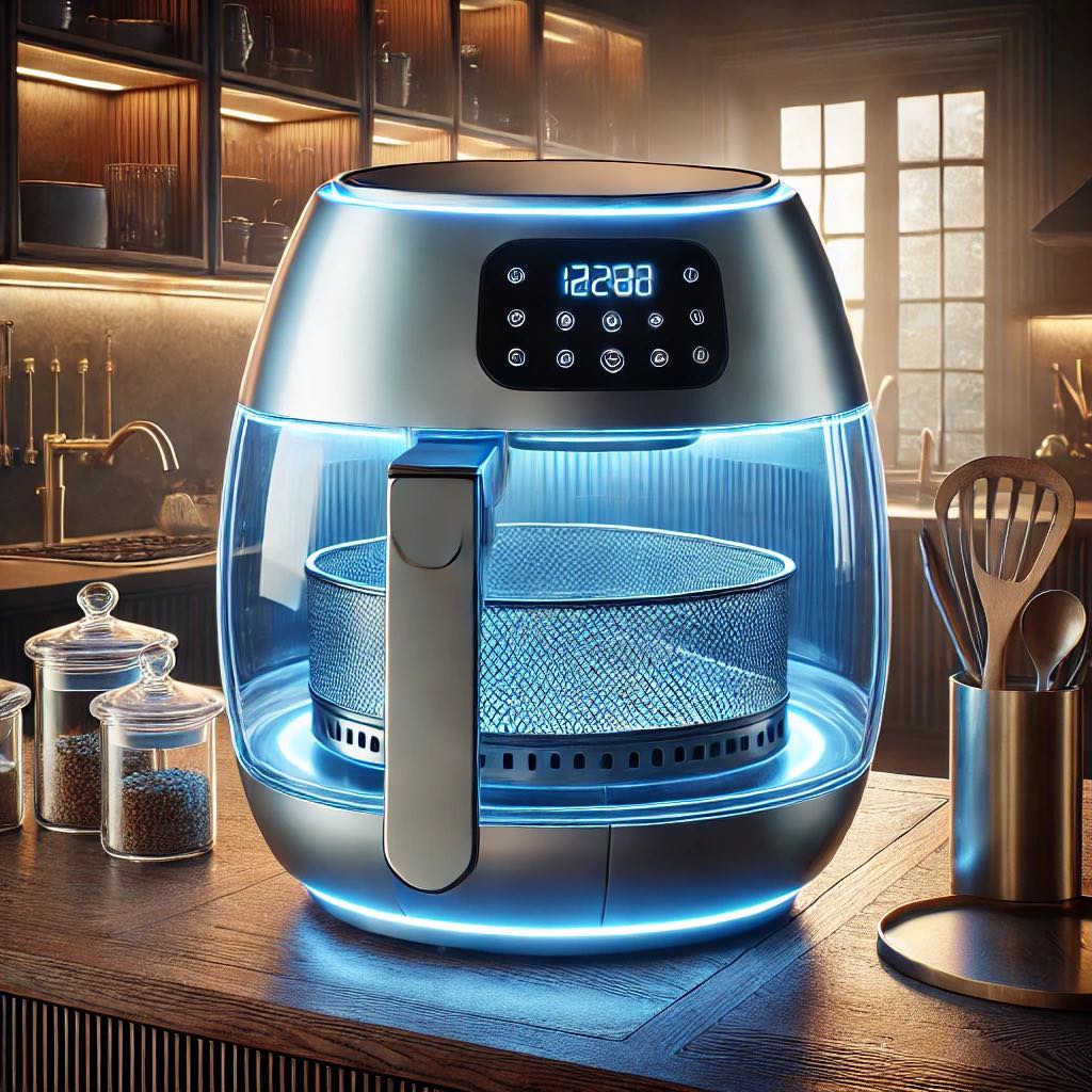 A blue-lit air fryer with a large viewing window and user-friendly digital controls.
