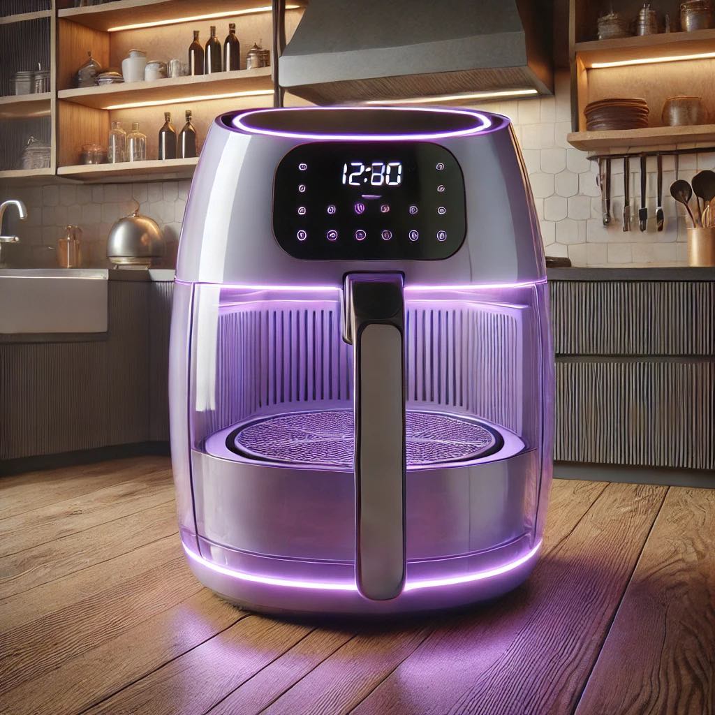 An air fryer with purple LED lighting, featuring a stylish design and large capacity.