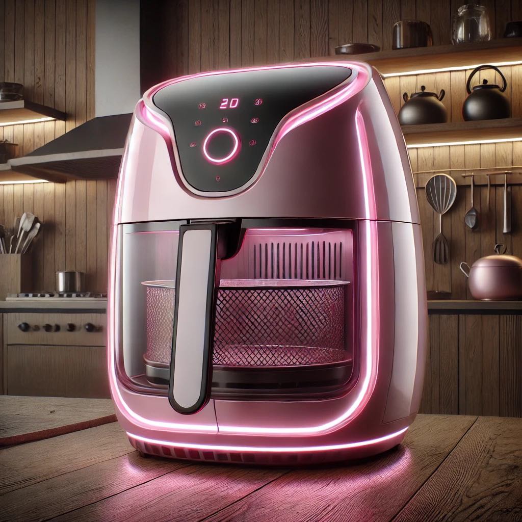 A playful air fryer with pink LED lighting, combining style and functionality.