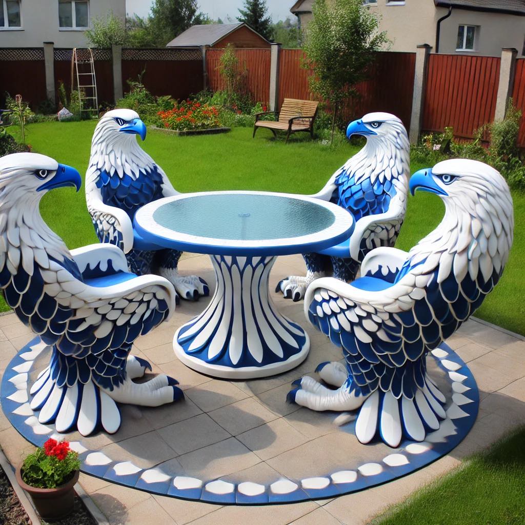 Eagle-themed outdoor furniture in a garden setting featuring blue and white, brown, and white and gold sets.