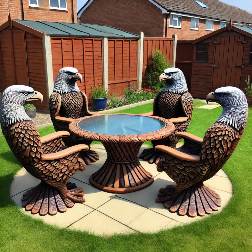 Brown eagle-themed chairs and round table in a garden.
