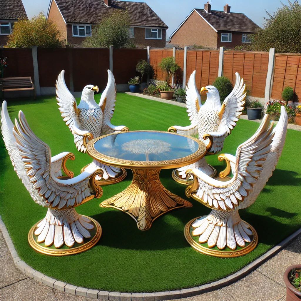 White and gold eagle-themed chairs and round table in a garden.