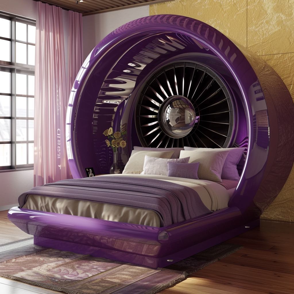 Luxurious purple bed with a jet-engine design in an opulent bedroom. 