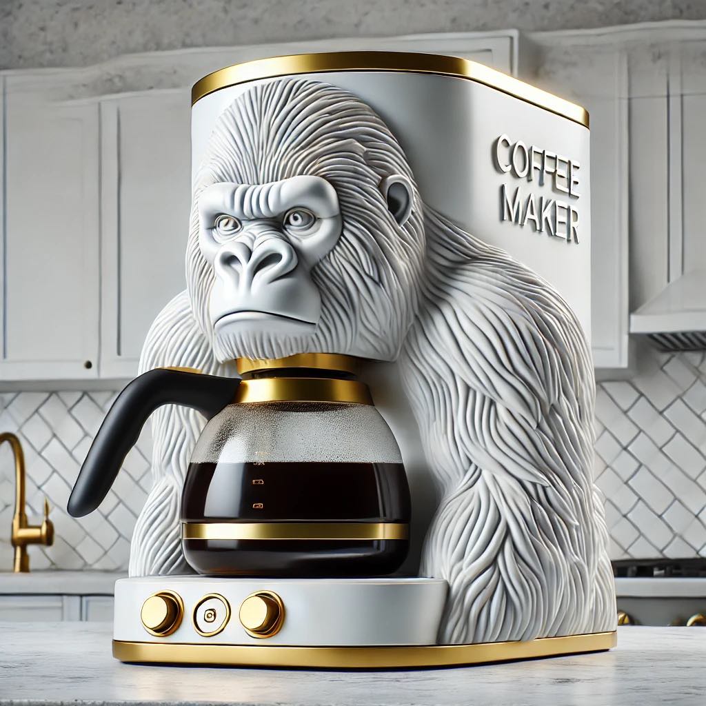Gorilla-themed coffee makers in various designs and colours for a unique kitchen.