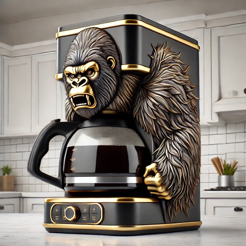 Black and gold gorilla-themed coffee maker in a kitchen setting.