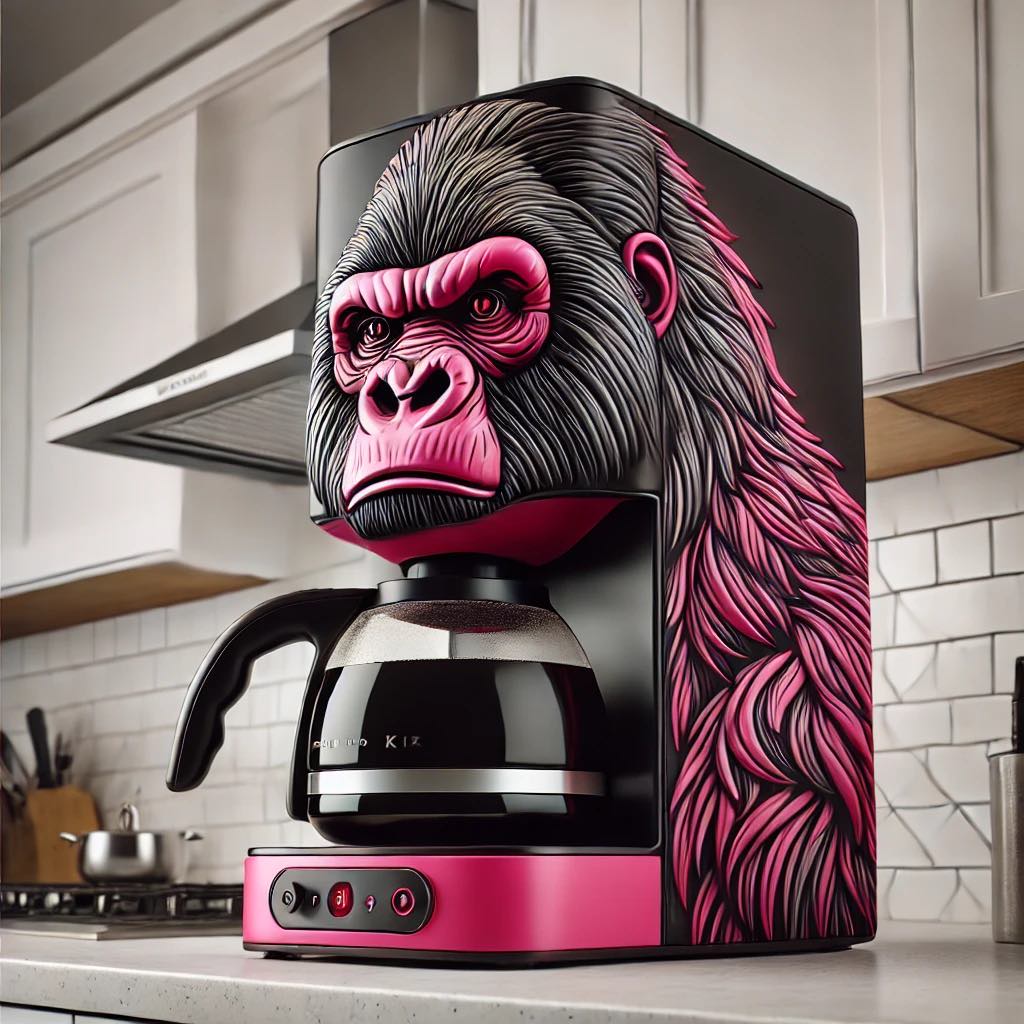 Pink and black gorilla-themed coffee maker in a kitchen setting.