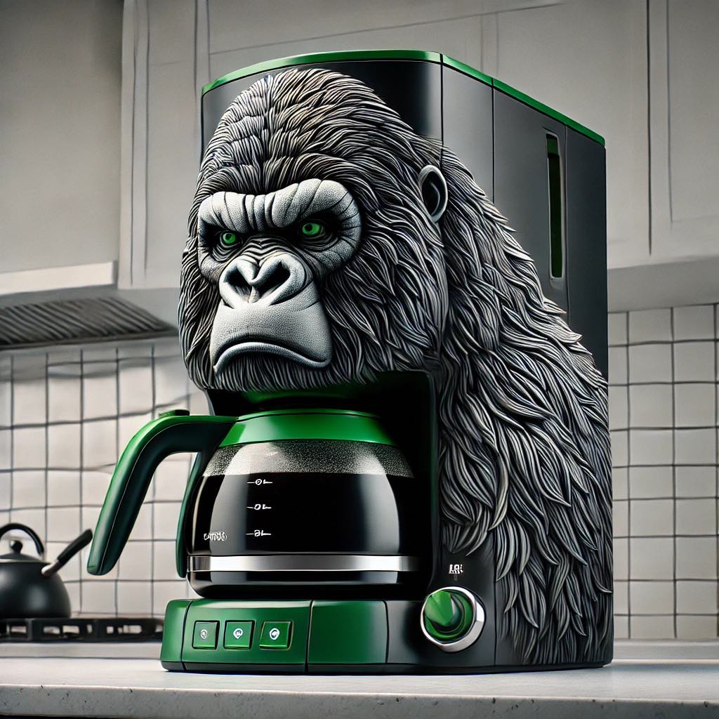 Black and green gorilla-themed coffee maker in a kitchen setting.