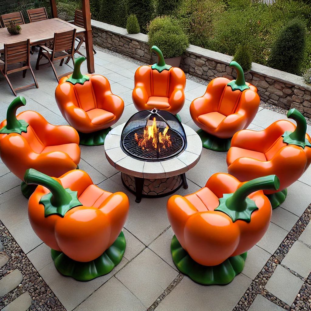 Orange pepper-themed chairs surrounding a fire pit in a garden.