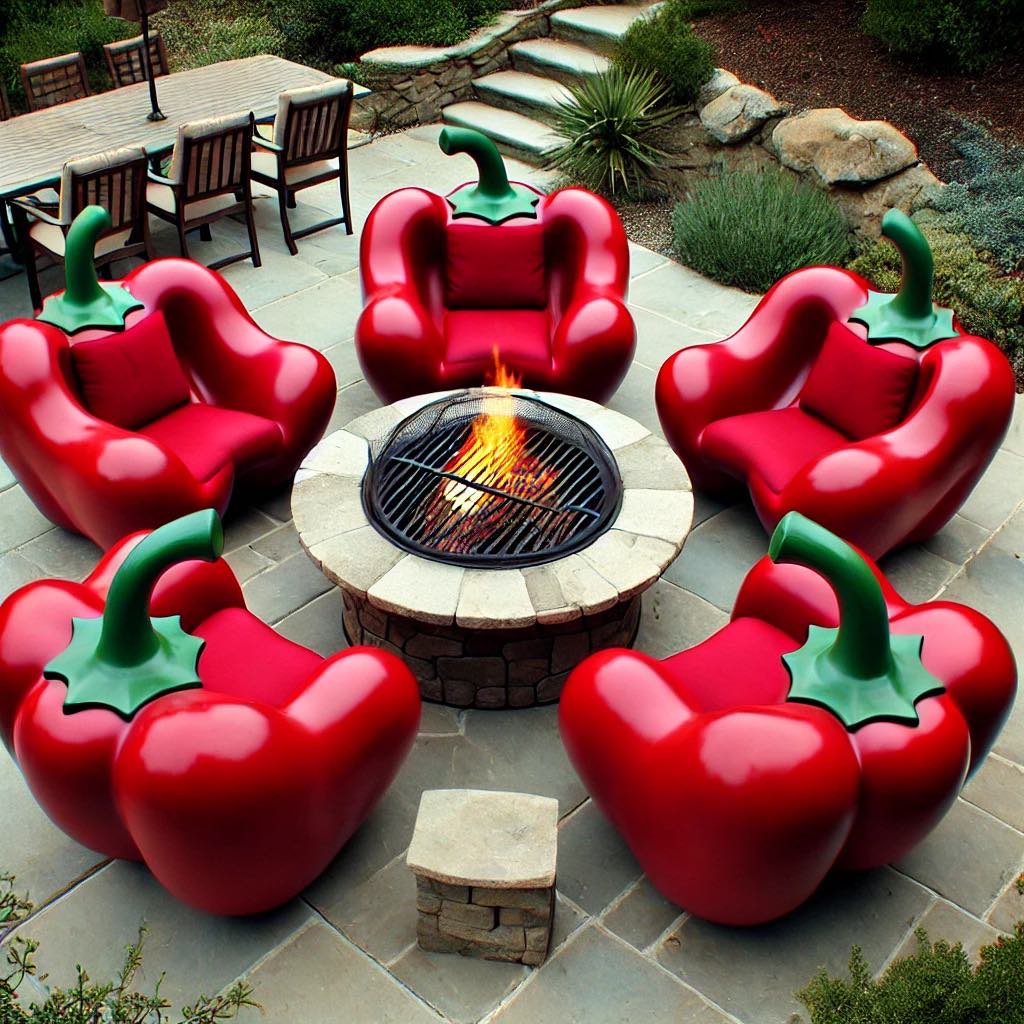 Red pepper-themed chairs surrounding a fire pit in a garden.