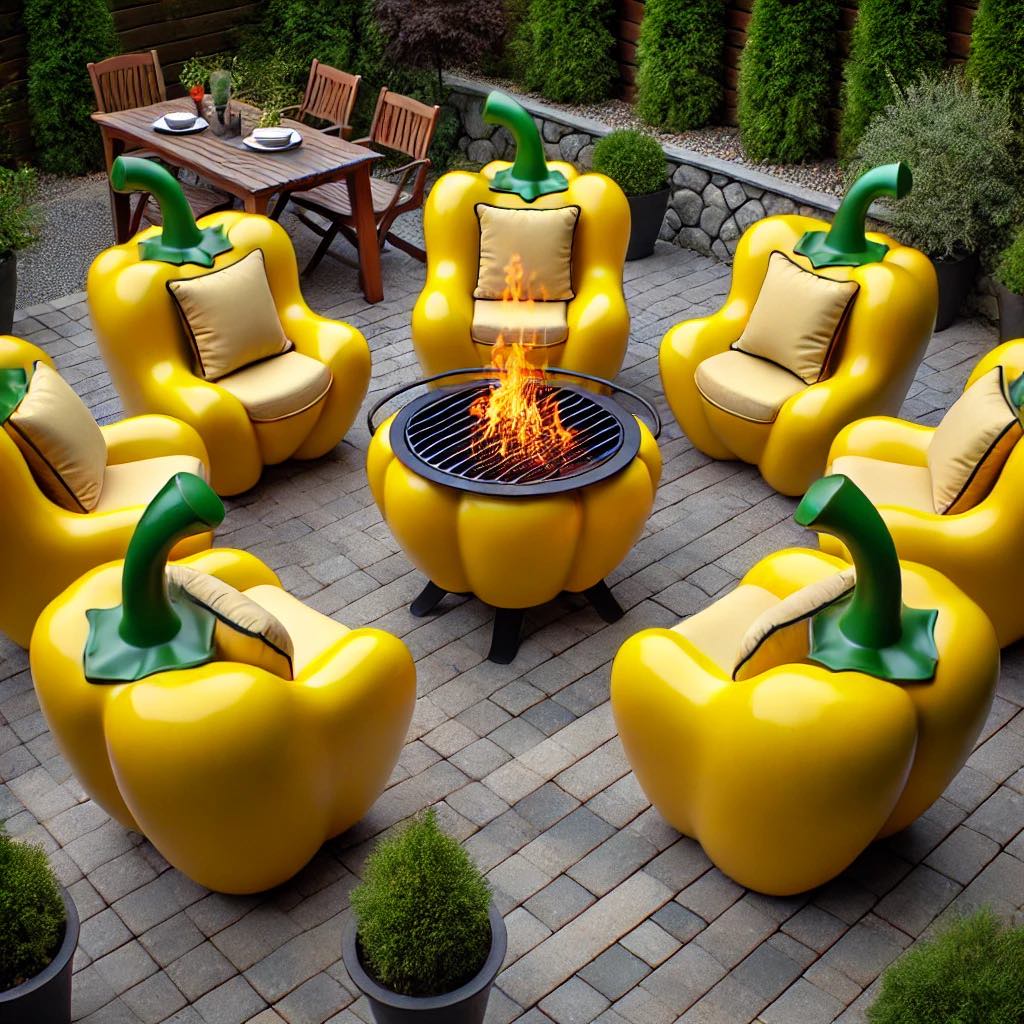 Yellow pepper-themed chairs surrounding a fire pit in a garden.
