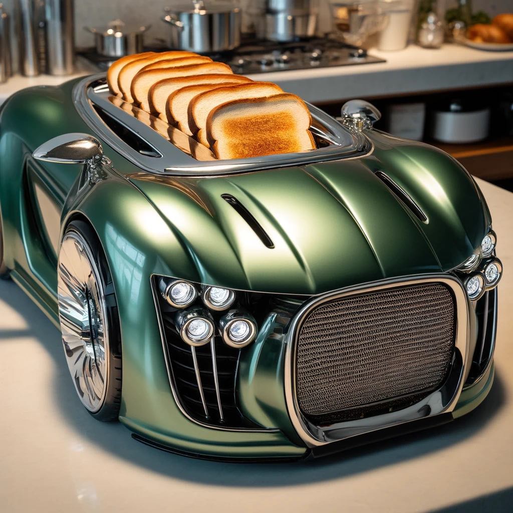 A green luxury car-inspired toaster with a sleek design, featuring toast popping out of the top slots.