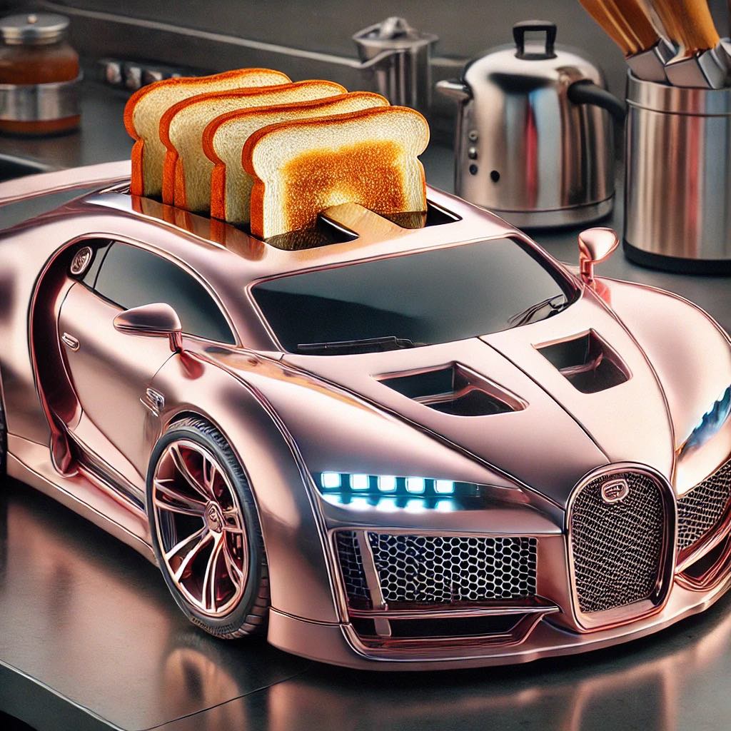 A rose gold luxury car-themed toaster with toast slices popping out, set on a modern kitchen countertop.