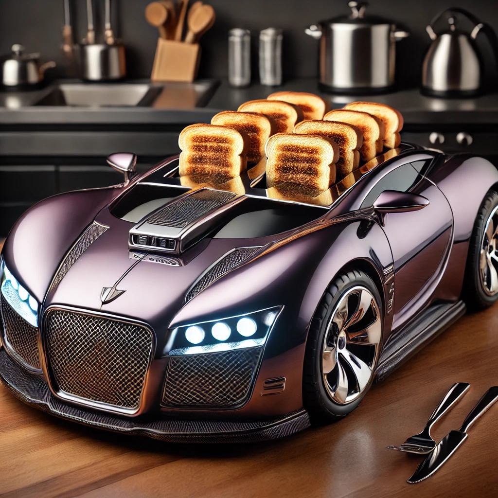 A purple luxury car-inspired toaster with multiple slices of toast, highlighting its modern design and sleek finish.