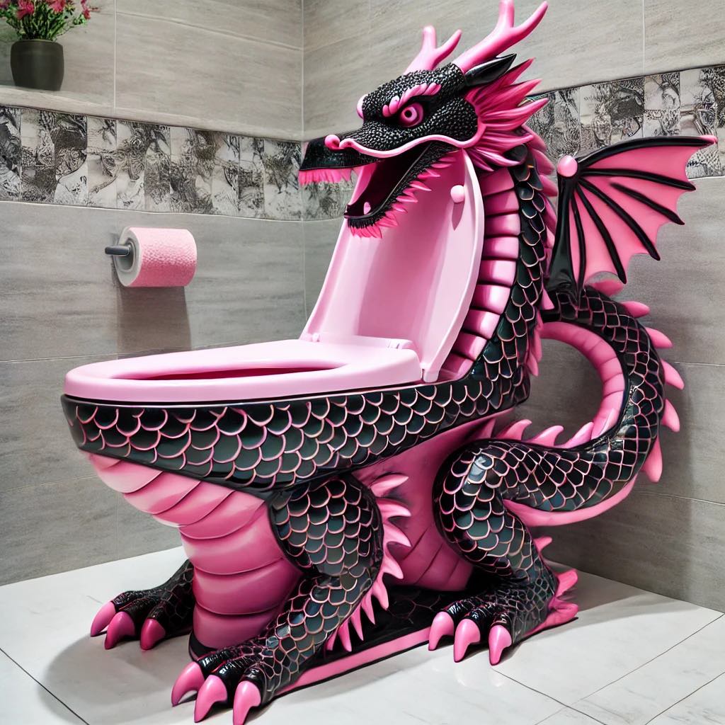 Pink and black dragon-themed toilet in a bathroom setting.