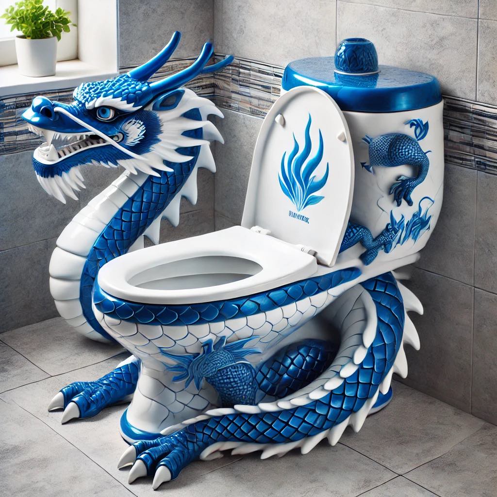 Blue and white dragon-themed toilet in a bathroom setting.