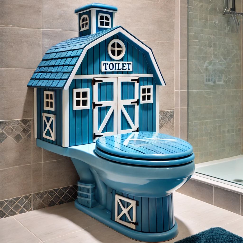 A serene blue barn-themed toilet with shingles and a little chimney.