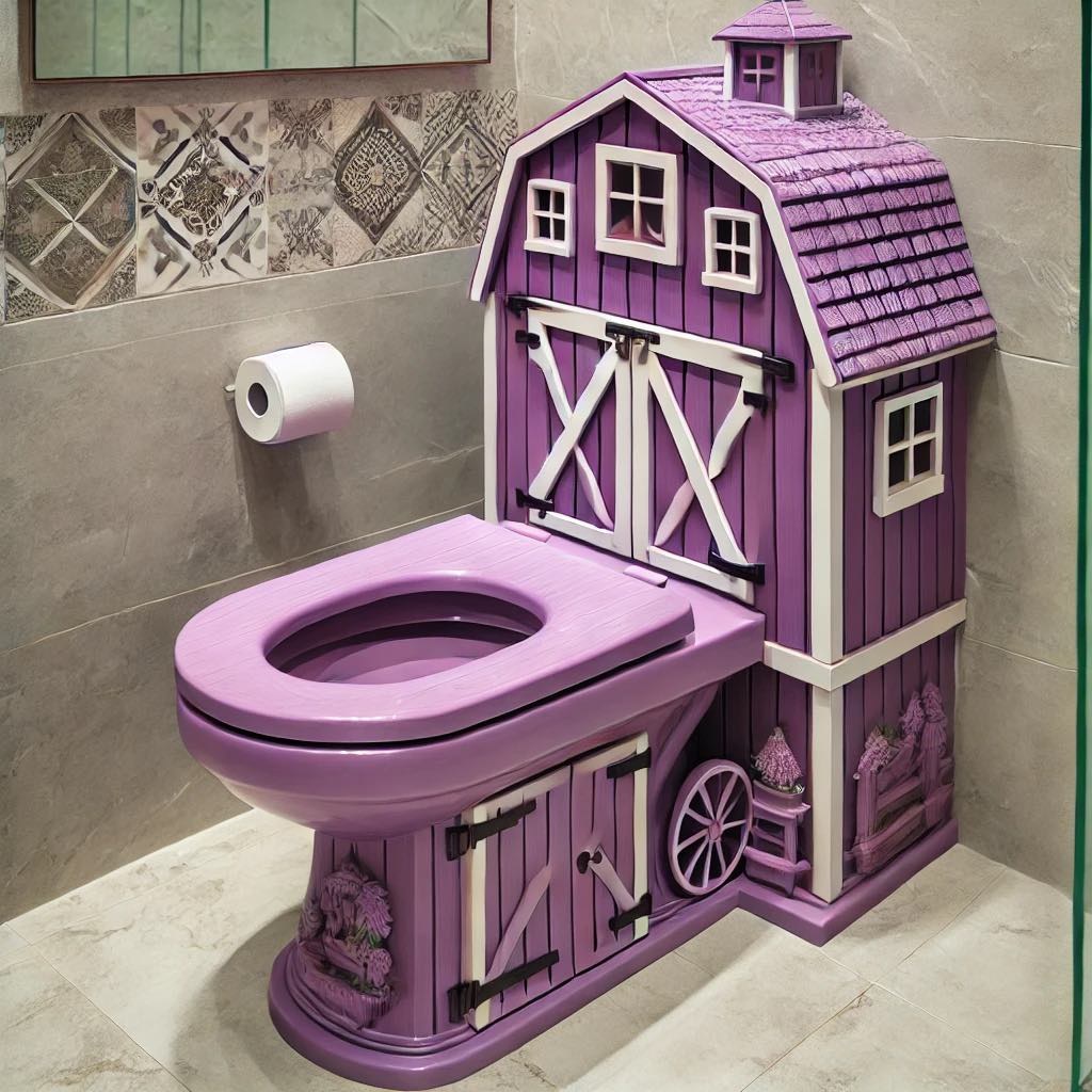 A luxurious purple barn-themed toilet with intricate barn details.