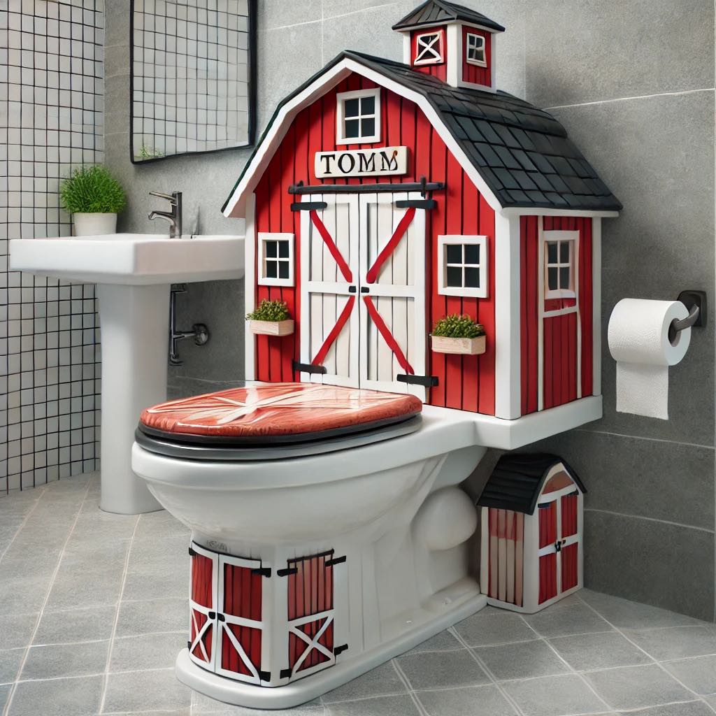 A traditional red barn-themed toilet with authentic barn elements and potted plants.