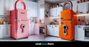 A variety of lock-shaped refrigerators in different colours, showcasing black, orange, purple, and pink designs in stylish kitchens.