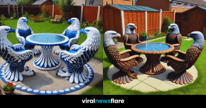Eagle-themed outdoor furniture in a garden setting featuring blue and white, brown, and white and gold sets.