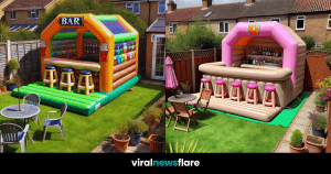 Inflatable bar setups in various colours and designs for backyard parties.