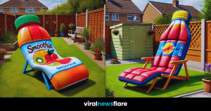 Various loungers shaped like beverage bottles including smoothie, iced tea, lemonade, soda, and orange juice.