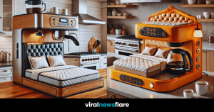 Various bed-shaped coffee makers in different colours and styles in kitchen settings.